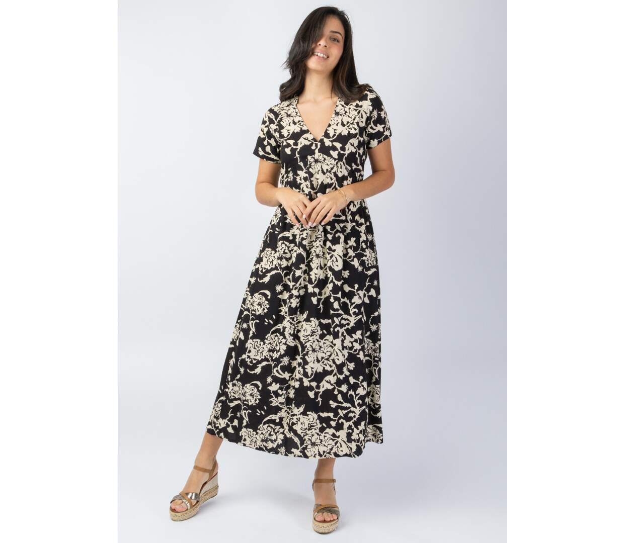 Robe longue été manches courtes Cataleya noir et beige Coton Du Monde-2