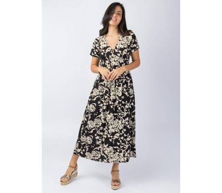 Robe longue été manches courtes Cataleya noir et beige Coton Du Monde