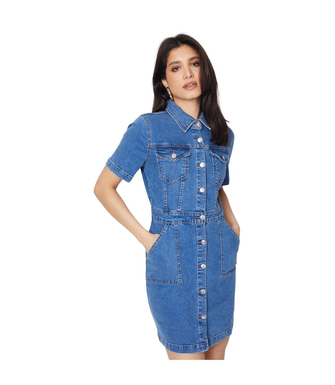 Womens/ladies Denim Short-sleeved Mini Dress Mid Wash Dorothy Perkins-1