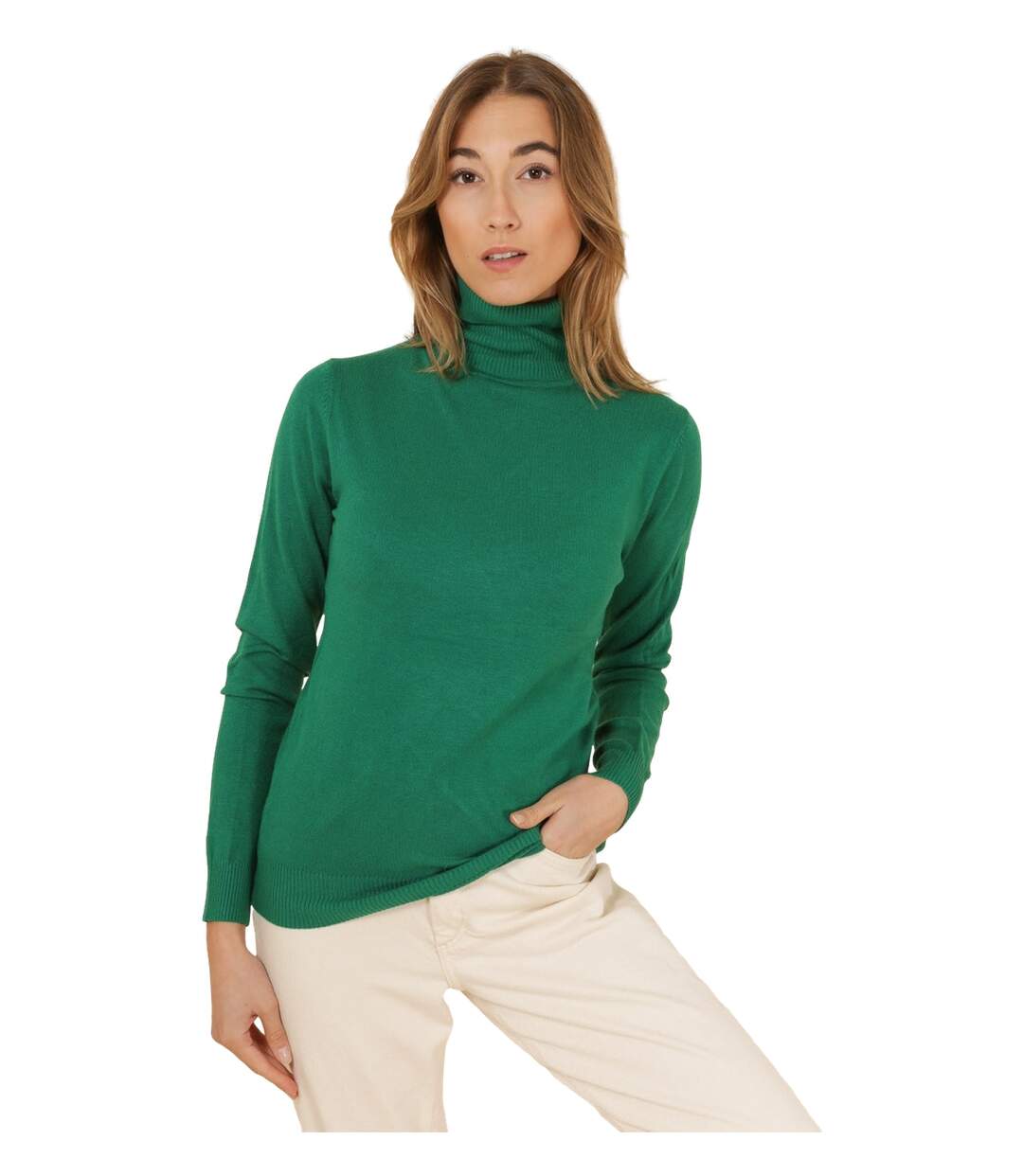 Pull femme manches longues col roulé couleur vert.-1