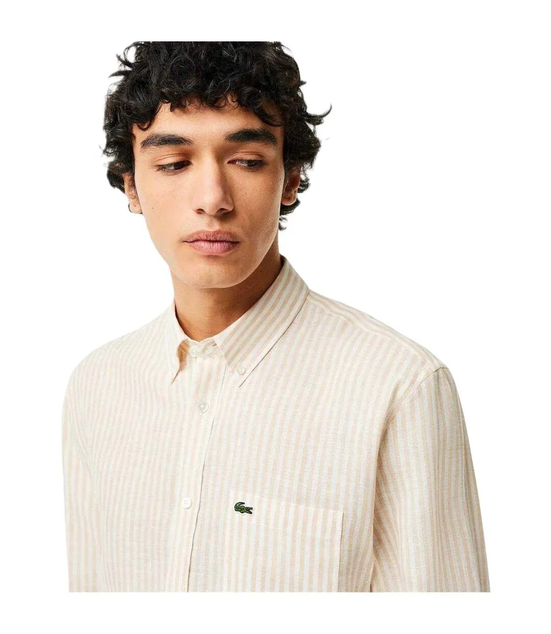 Mens Striped Linen Regular Button-down Shirt White Lacoste-4