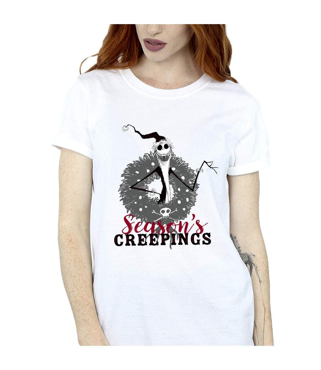 Disney Womens/Ladies The Nightmare Before Christmas Seasons Creepings Wreath Cotton Boyfriend T-Shirt (Blanc) - UTBI41796-3