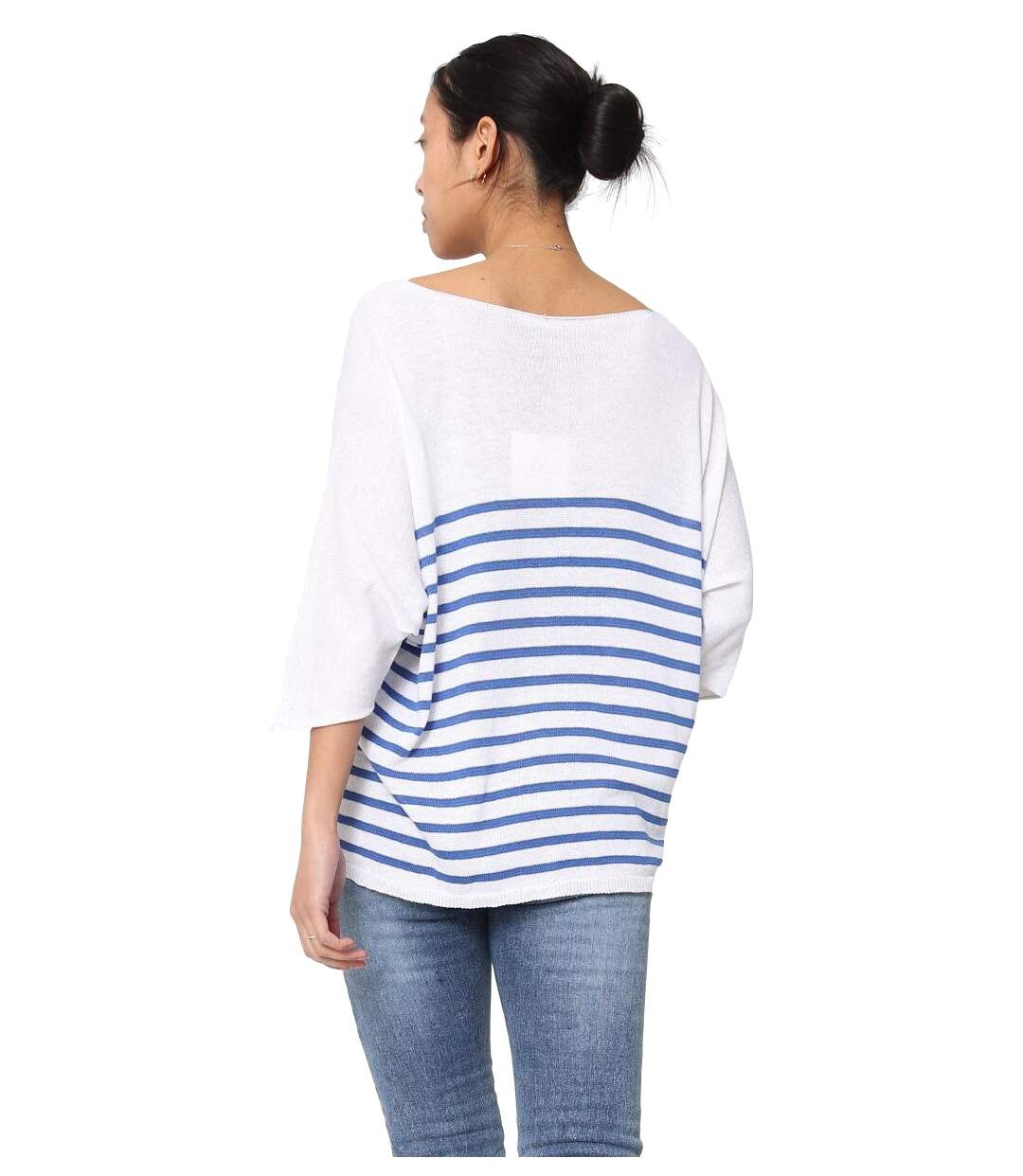 Pull femme rayé - Pull col en V - Manches 3/4 - Couleur blanc