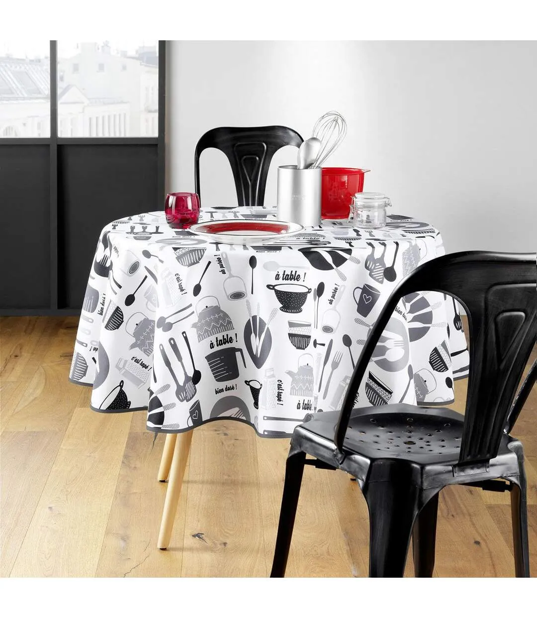 Nappe Ronde Imprimé Kitchen 180cm Blanc & Noir-3