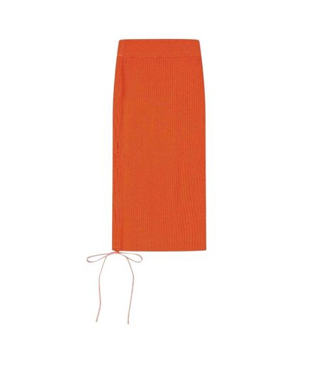 Womens/ladies Knitted Side Tie Slim Midi Skirt Coral Red Off White