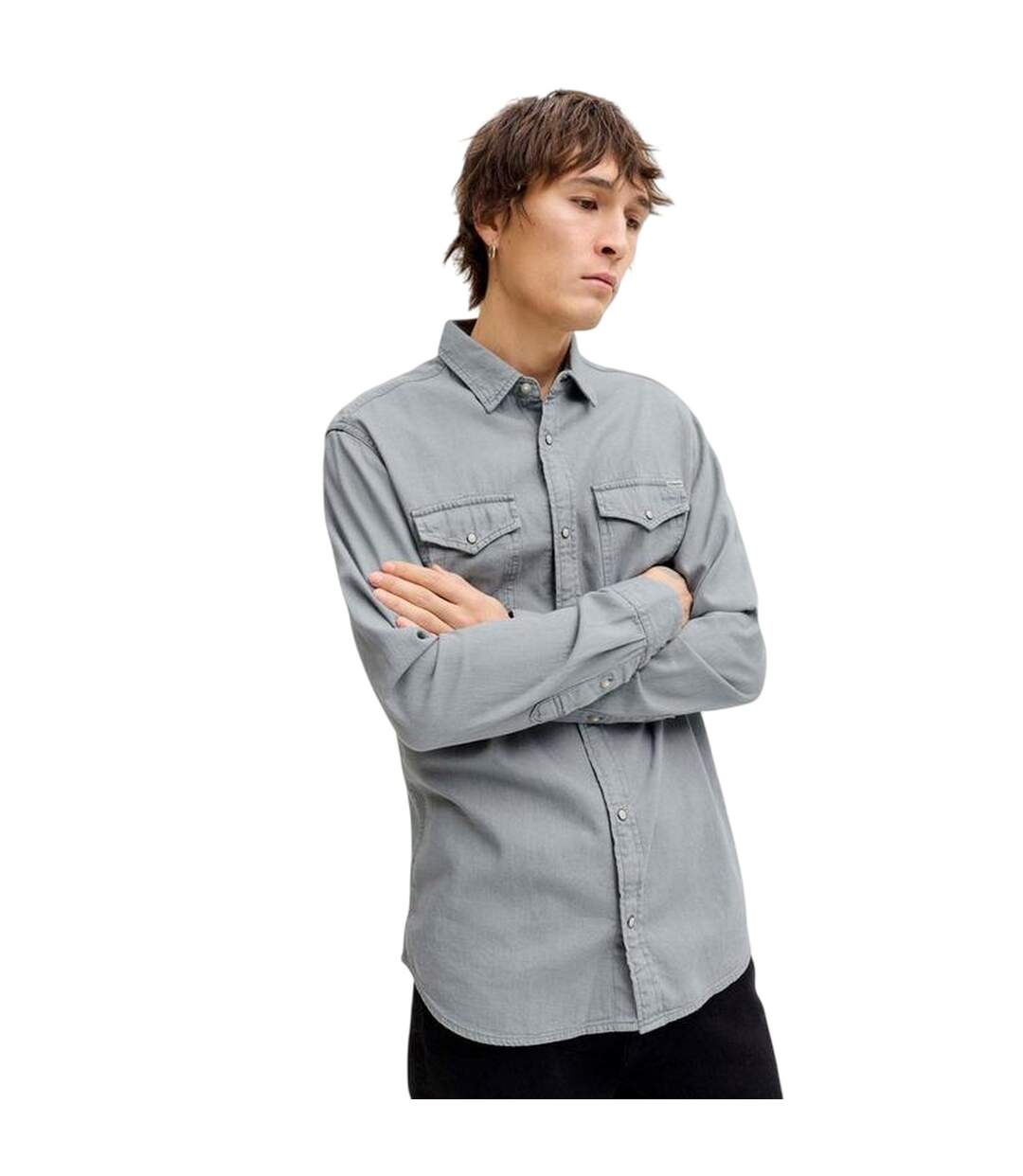 Mens Sheridan Chest Pocket Shirt Light Grey Melange Jack And Jones-4
