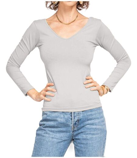 Tee shirt femme manches longues  col en V couleur blanc