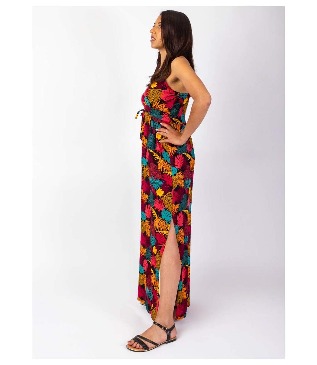 Robe longue fluide GLORIA fines bretelles imprimé tropical Coton Du Monde