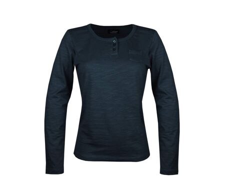 AXONE CHINA1N - Tee-shirt noir manches longues en coton flammé avec col 3 boutons et poche poitrine
