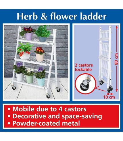 Escalier pliables pour fleurs et plantes avec 4 roues - en métal - Blanc