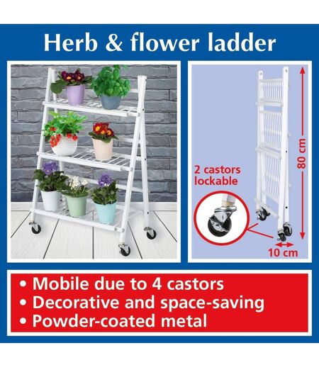 Escalier pliables pour fleurs et plantes avec 4 roues - en métal - Blanc