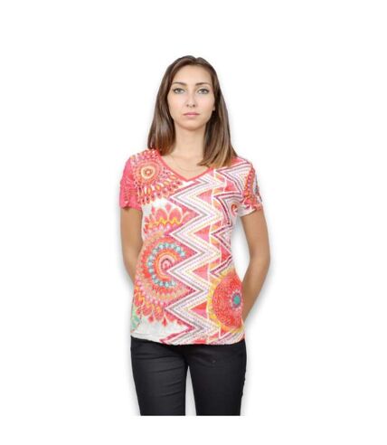 Tee shirt femme manches courtes - Motifs multicolores col V