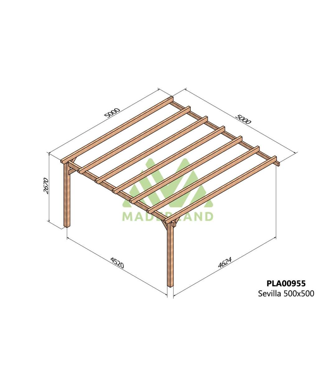 Pergola accolée en bois lamellé-collé Sevilla 500 x 500 cm