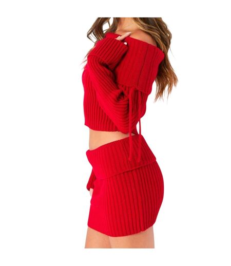 Womens/ladies Knitted Foldover Skirt Red Missy Empire