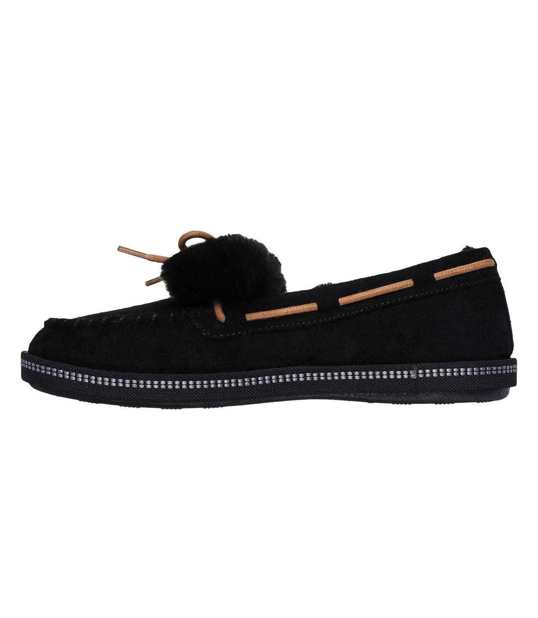 Womens/ladies Bow Faux Fur Trim Moccasin Slippers Black Skechers-2