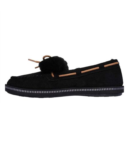 Womens/ladies Bow Faux Fur Trim Moccasin Slippers Black Skechers