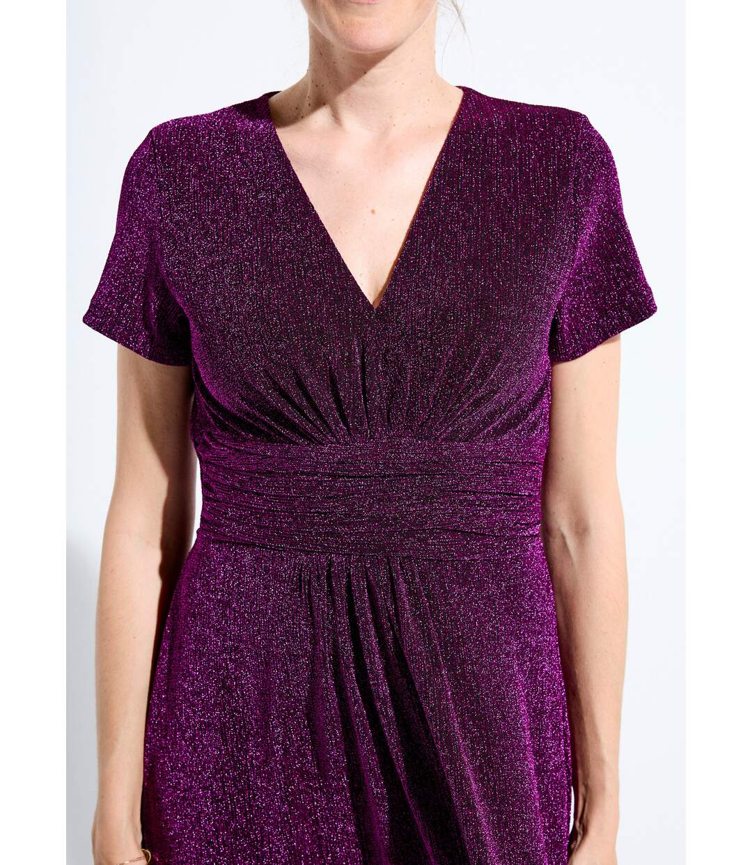 Robe longue brillante col V smockée dos-3
