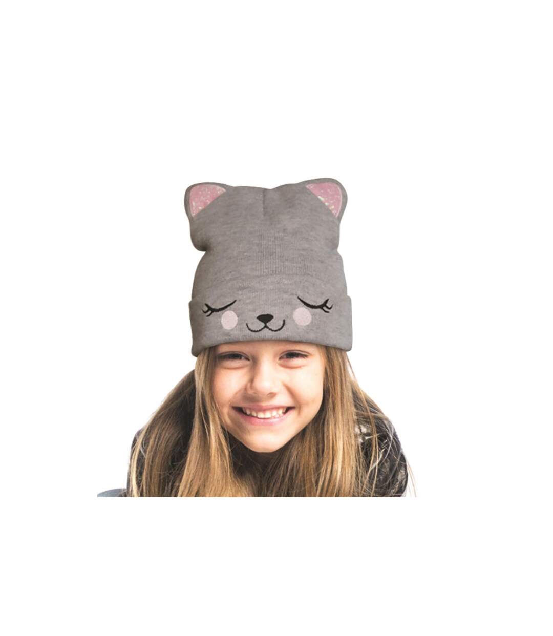 Bonnet Enfant Chat 21cm Gris & Rose