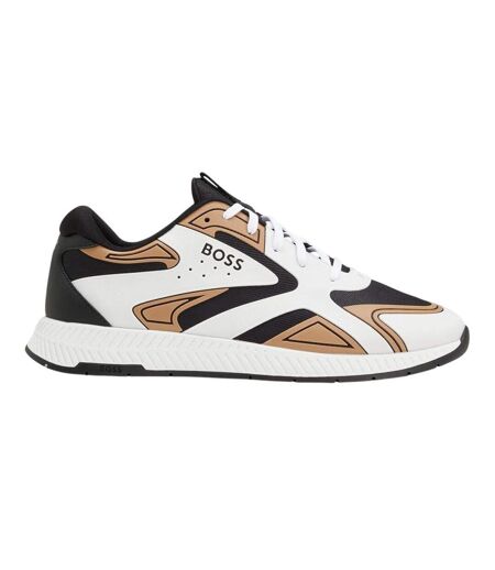 Mens Titanium Leather Running Trainers Beige Boss