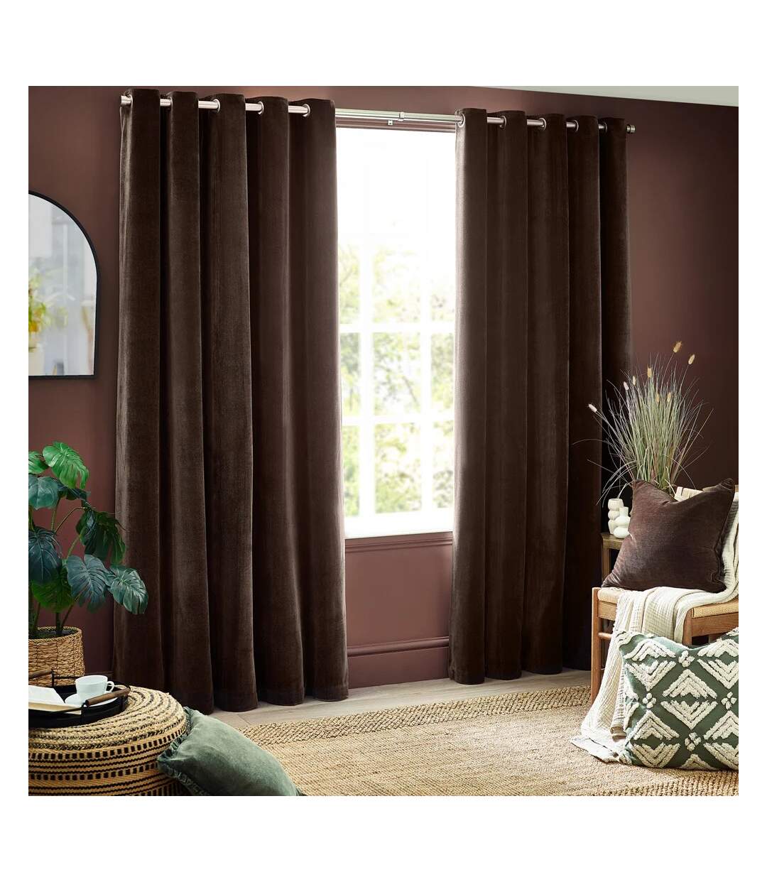 Chenille velvet eyelet curtains 229cm x 229cm brown Yard-1