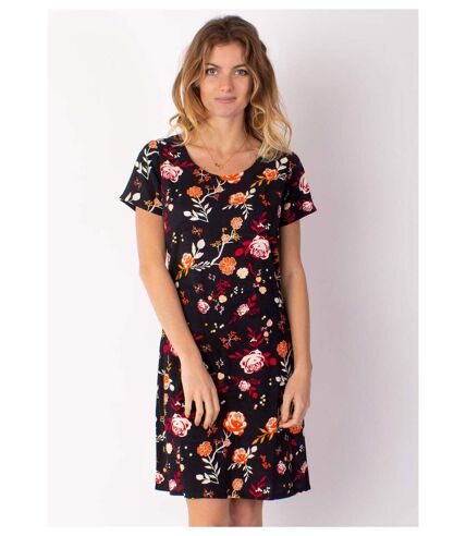 Robe courte fluide NATALIA manches courtes imprimé fleuri noir Coton Du Monde