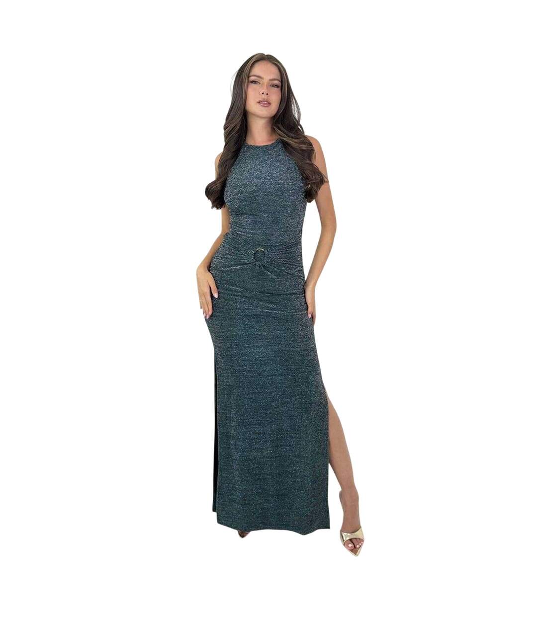 Womens/ladies Sparkle Polyester O Ring Fitted Evening Midi Dress Teal AX Paris-3
