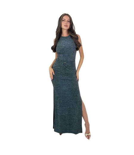 Womens/ladies Sparkle Polyester O Ring Fitted Evening Midi Dress Teal AX Paris
