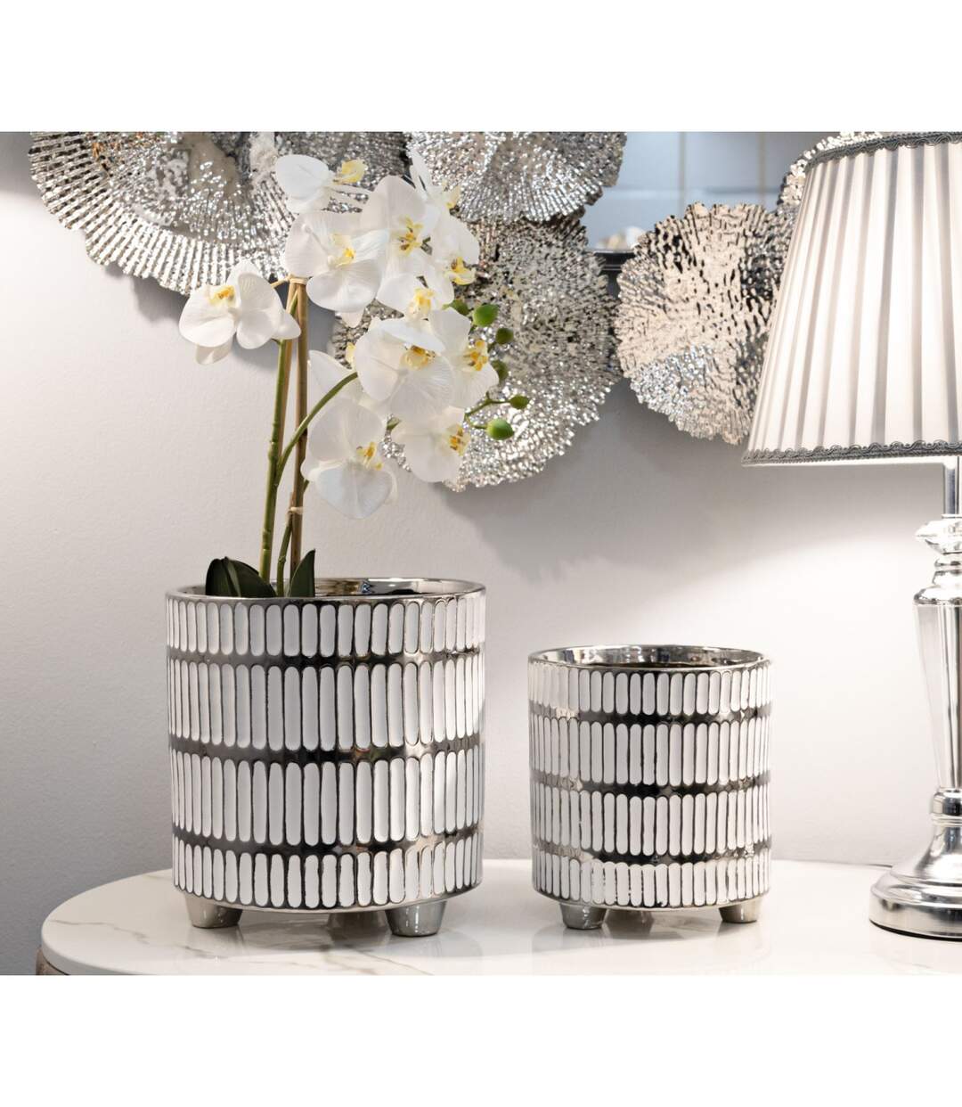 Lot de 2 Vases en Céramique Ray 24cm Blanc & Argent-5
