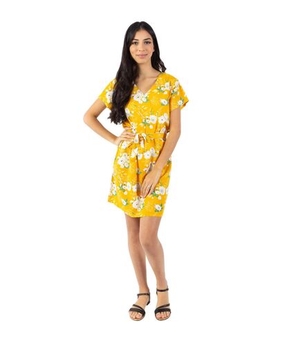 Robe courte manches courtes col V SERENA  fleurie jaune Coton Du Monde