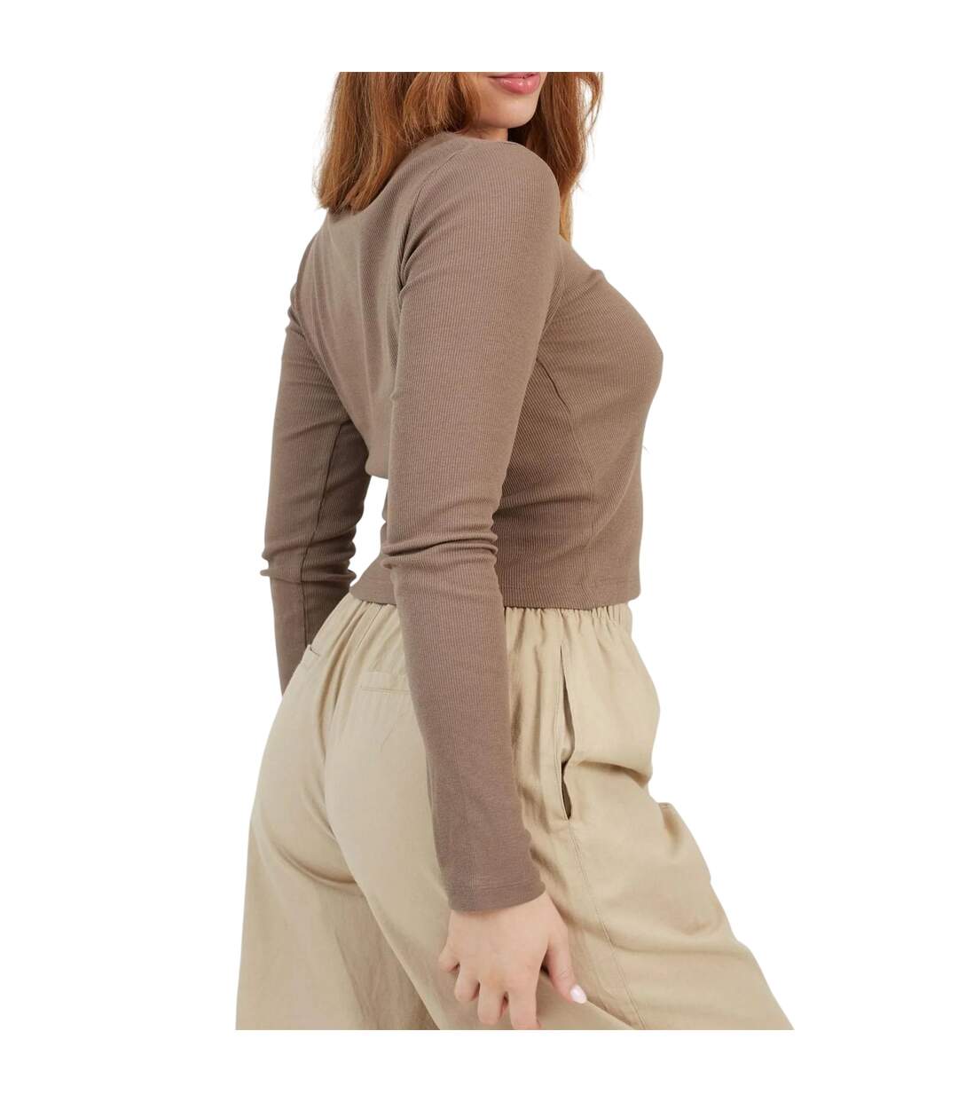 Womens/ladies Ribbed Long-sleeved Crop Top Mushroom Brave Soul-3