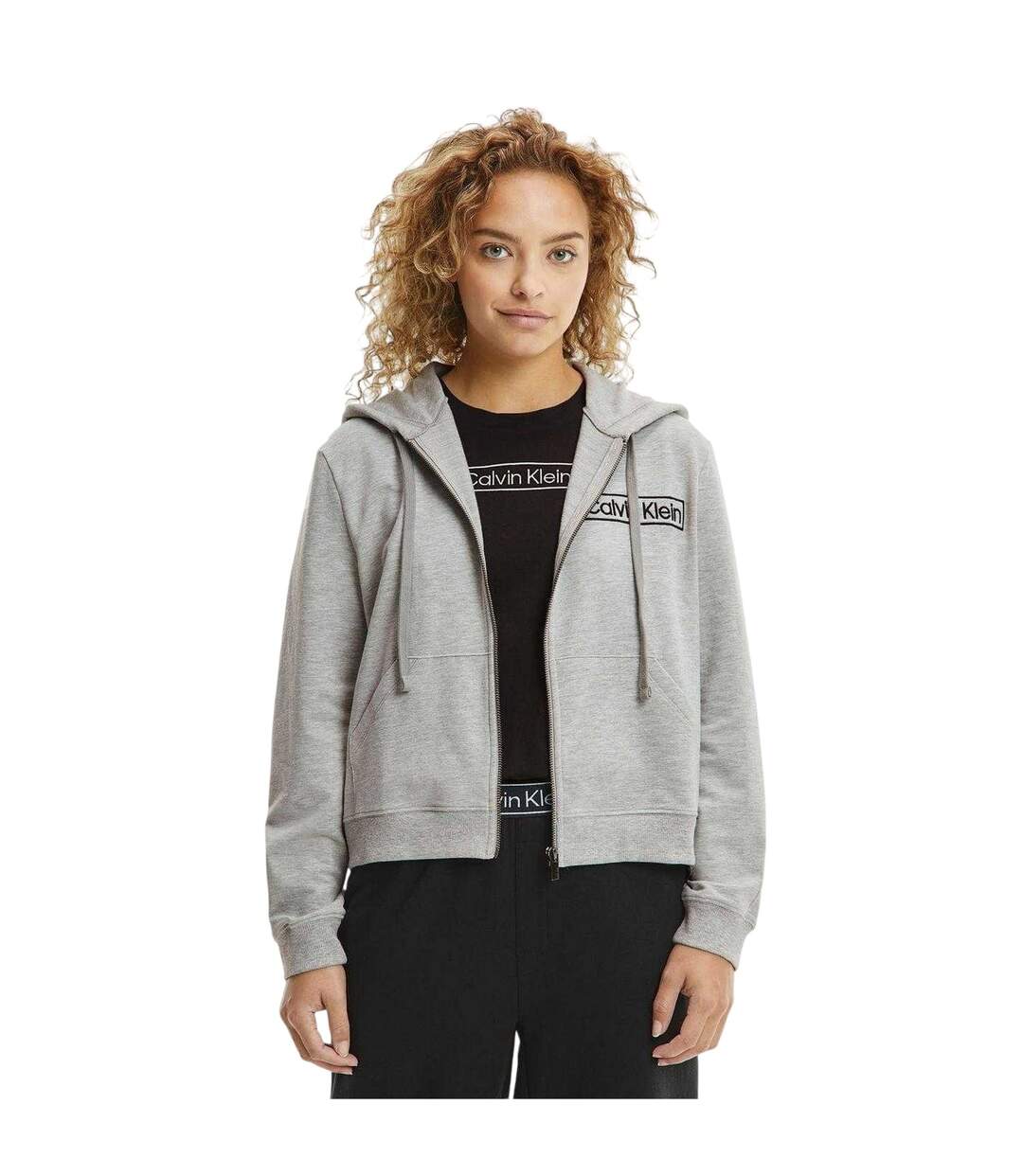 Womens/ladies Logo Cotton Long-sleeved Full Zip Hoodie Grey Marl Calvin Klein-4