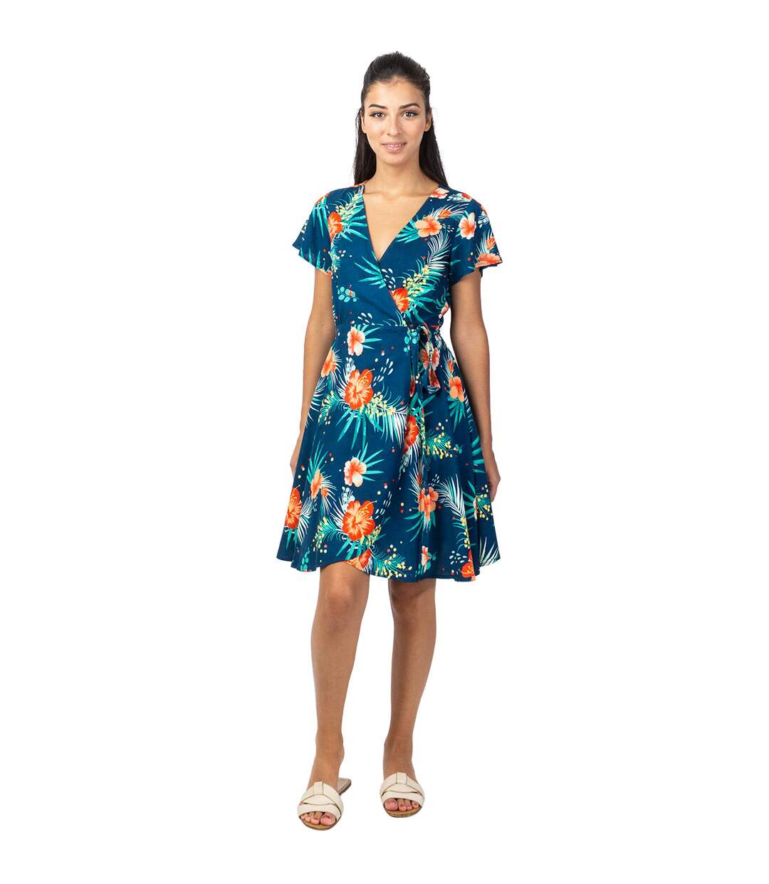 Robe courte MARIKA fluide cache-cœur imprimé fleurs tropicales Coton Du Monde-1