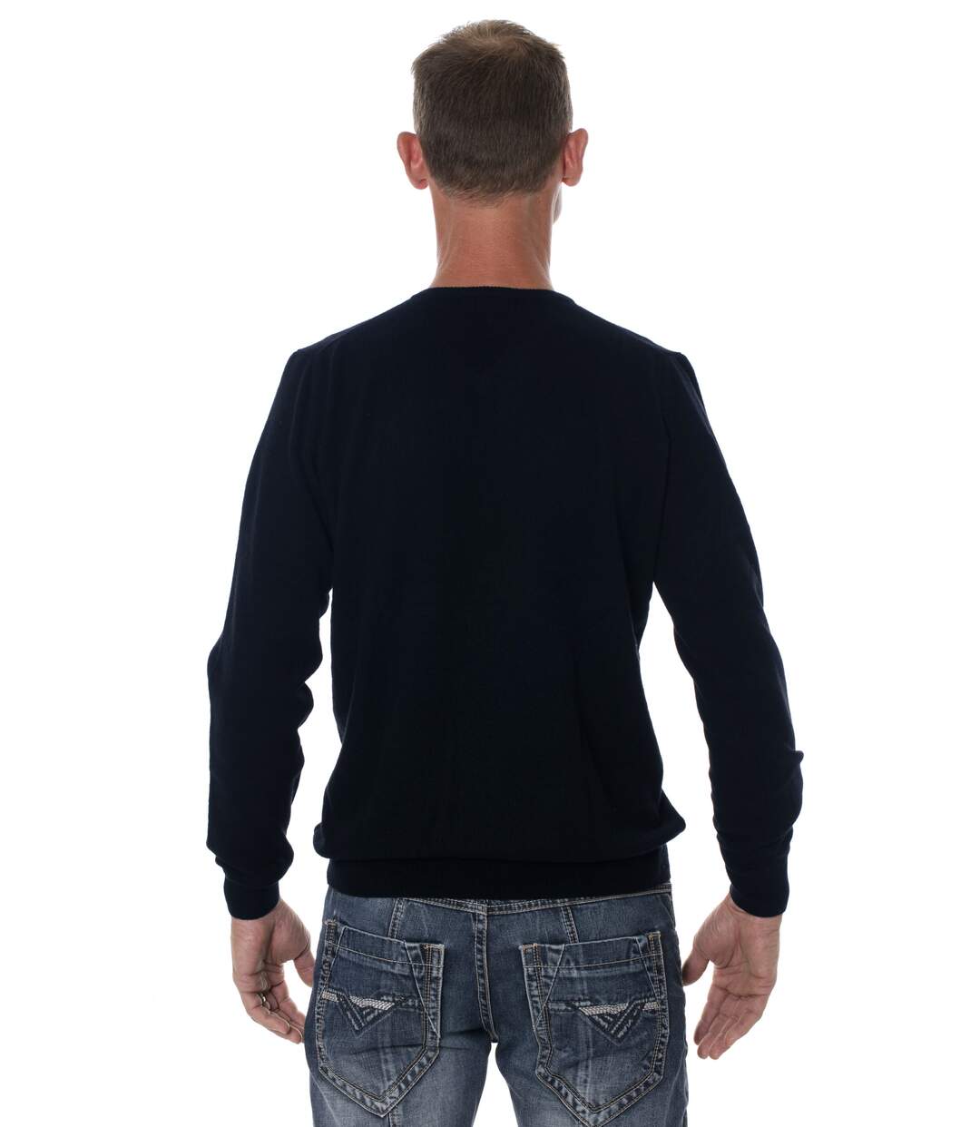 Pull mérinos homme 100% laine col V bleu marine-3