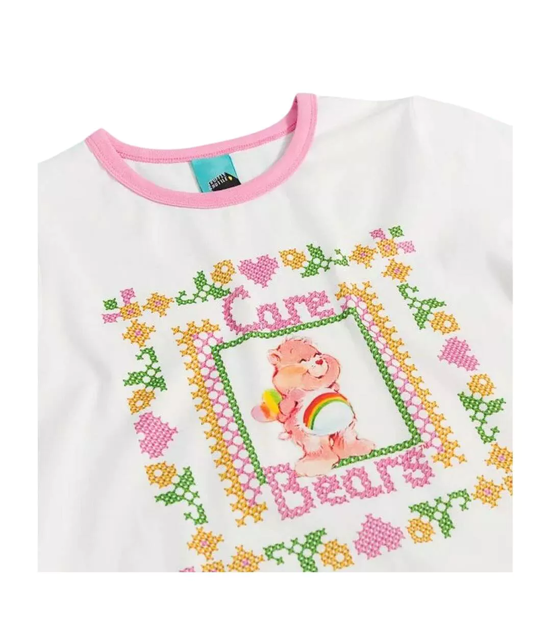 T-shirt Motif/style Point De Croix Et Ringer Adulte Blanc Care Bears-3