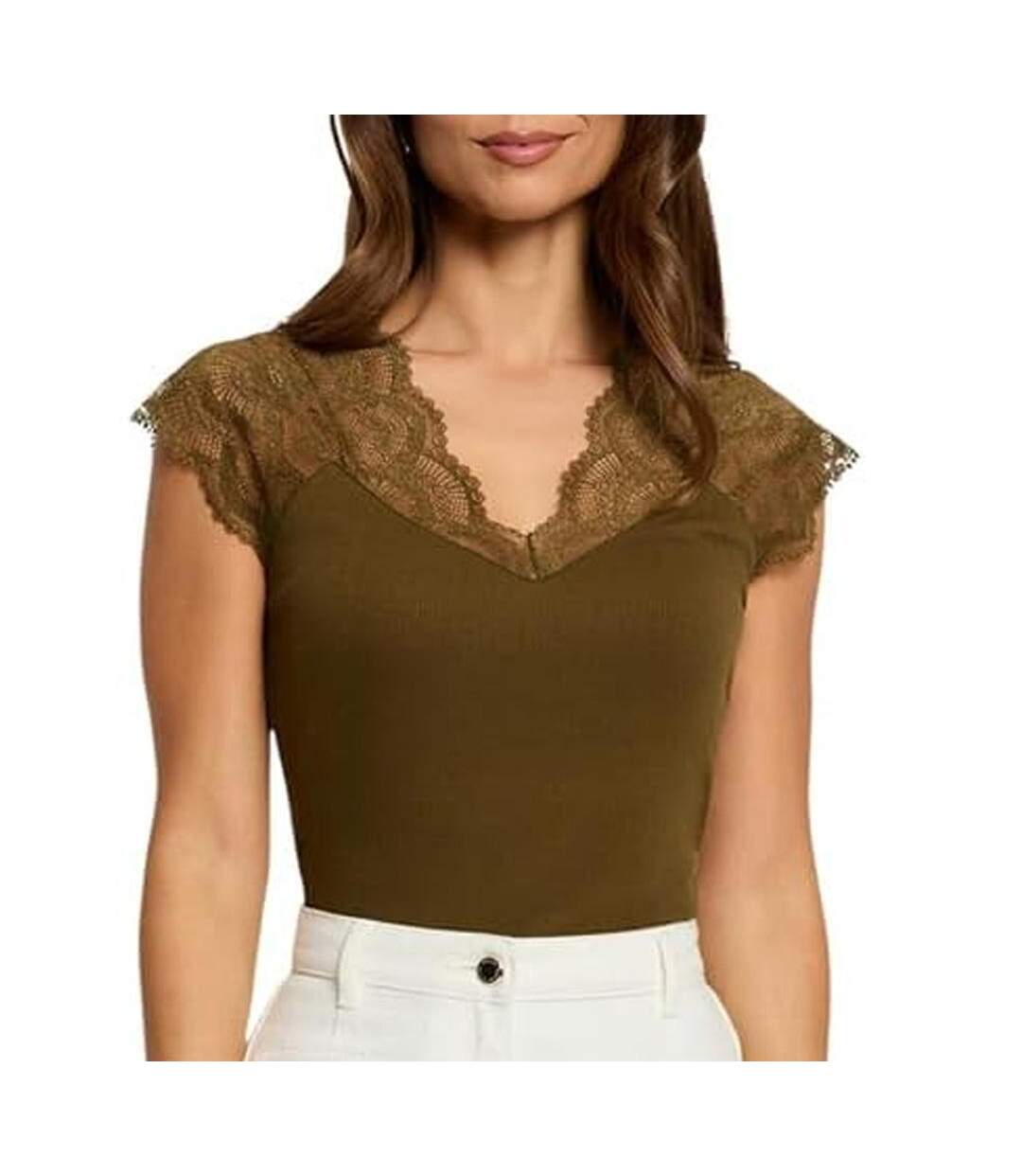 T-Shirt kaki femme morgan dentelle deli-1
