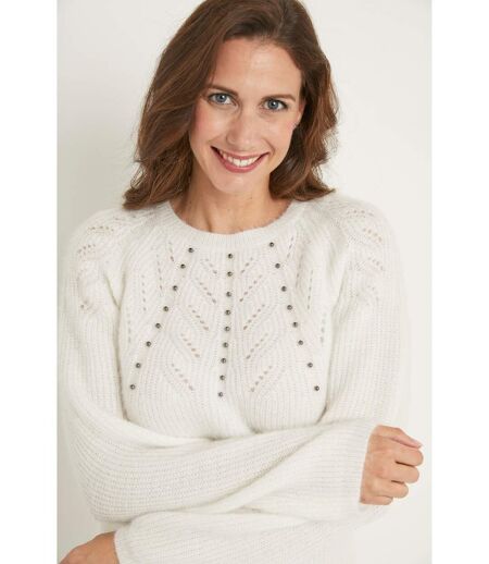 Pull doux maille poilue col rond perlé ajouré
