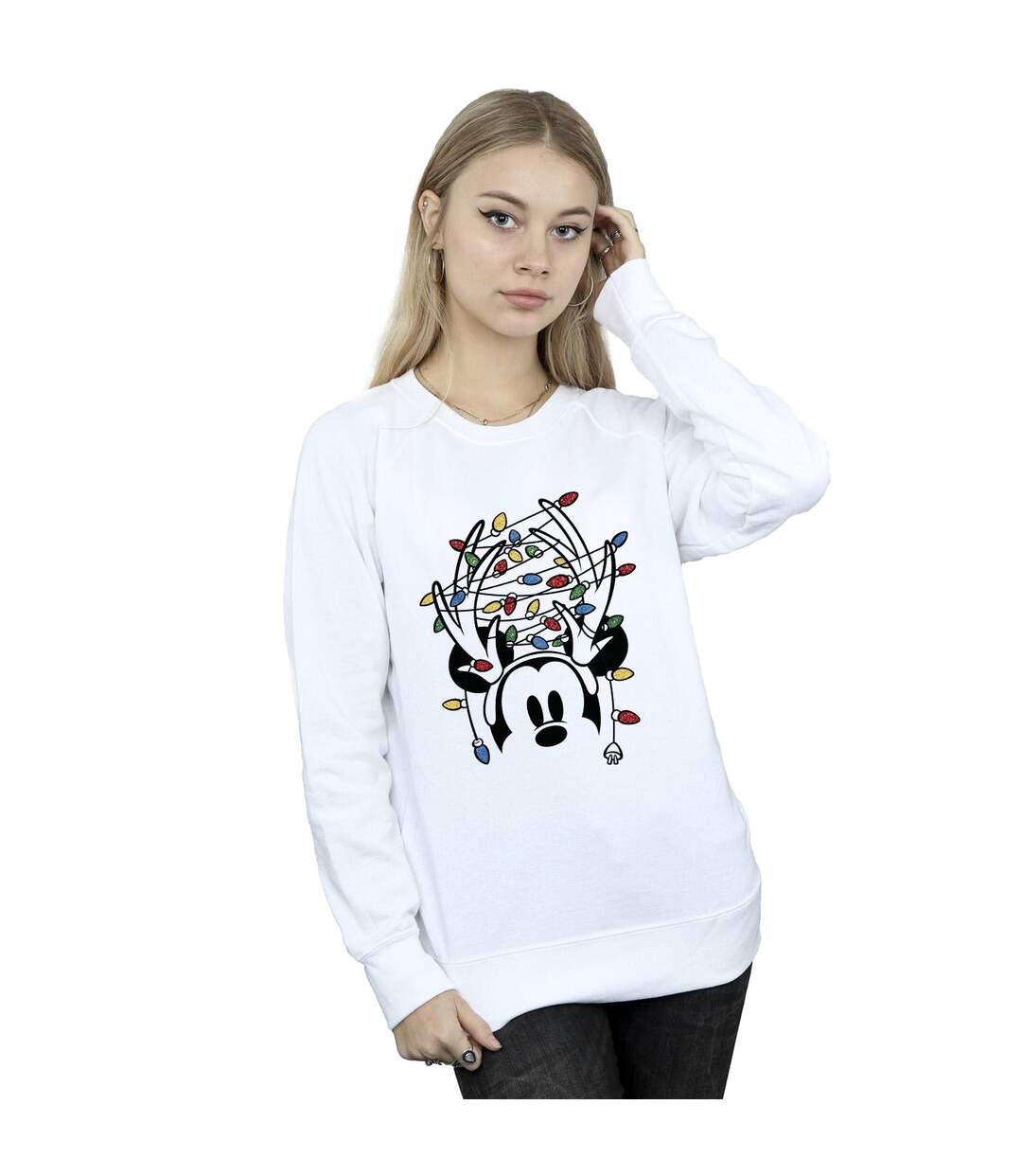Disney Sweatshirt Womens/Ladies Mickey Mouse Christmas Head Lights (Blanc) - UTBI28801-2