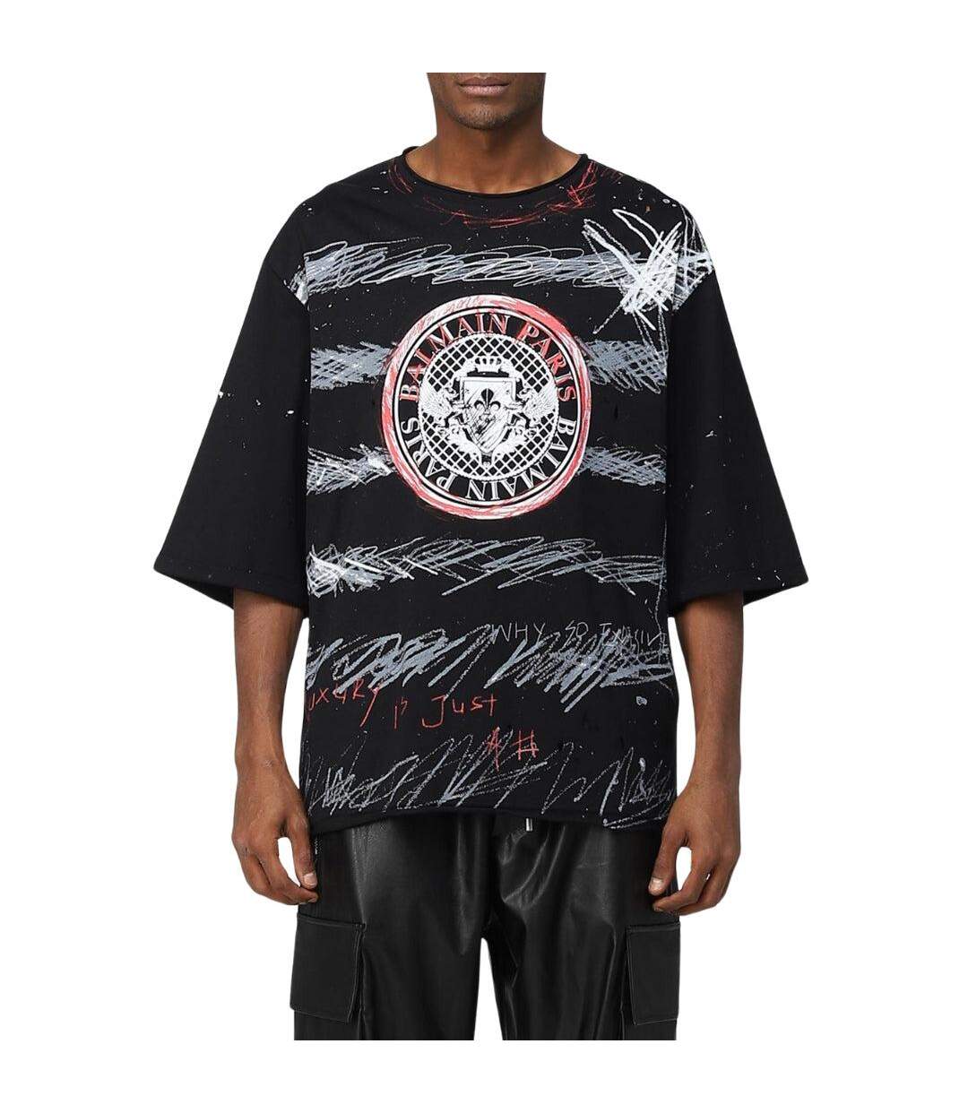 Mens Paris Graffiti Logo T-shirt Black Balmain-1