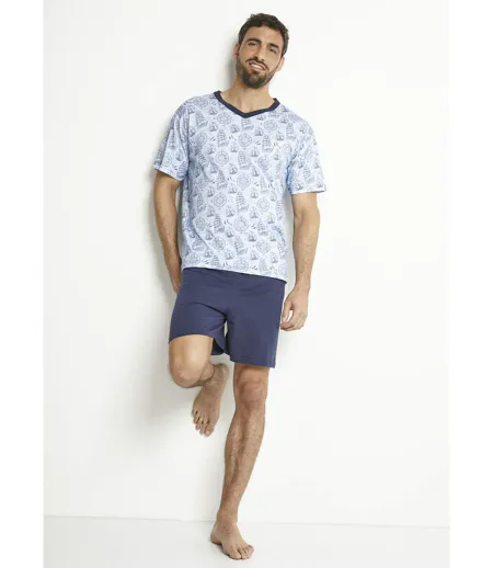 Pyjama short col V jersey coton