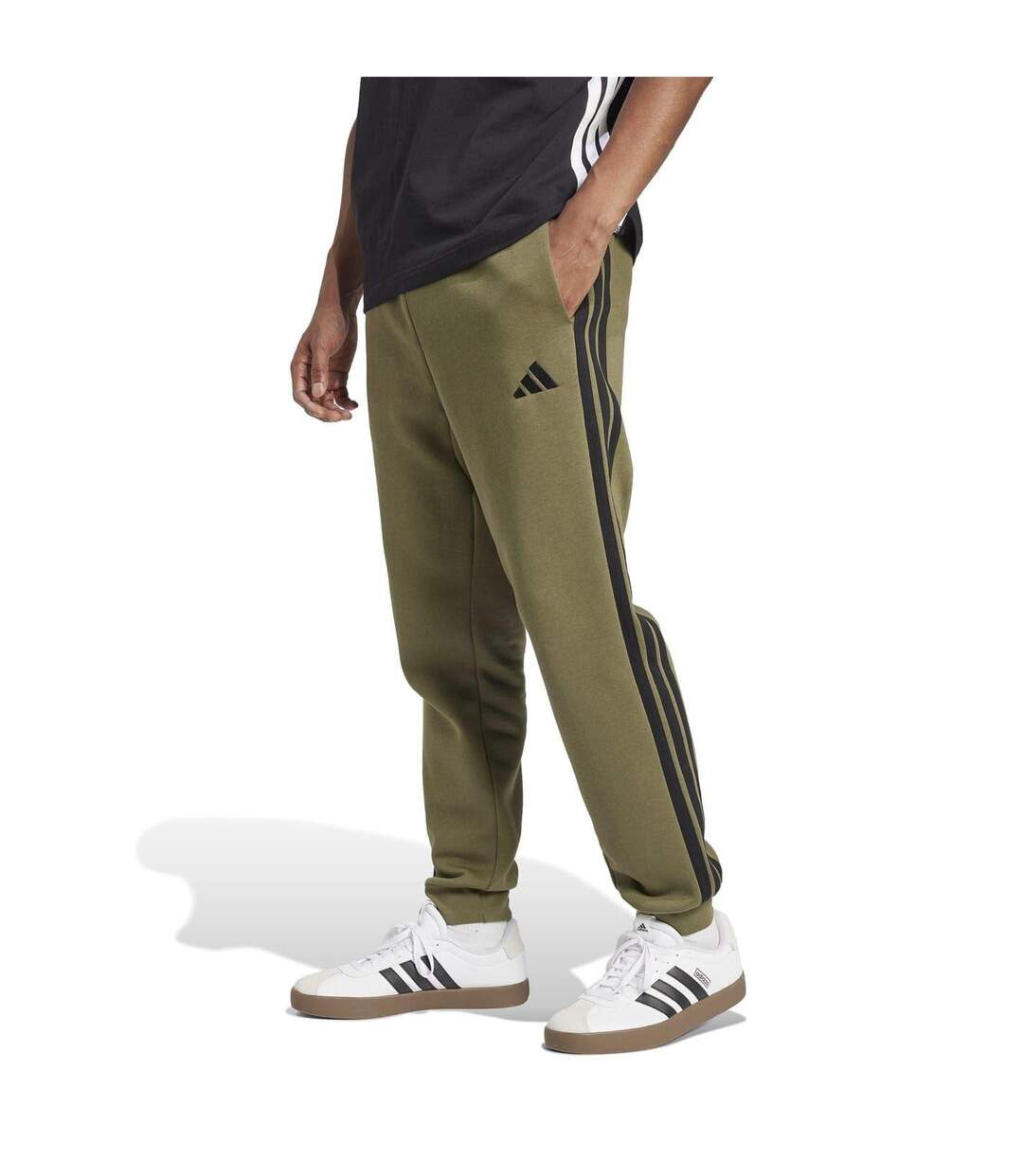 Mens Essentials Fleece 3 Stripes Tapered Leg Jogging Bottoms Olive Strata Adidas-2