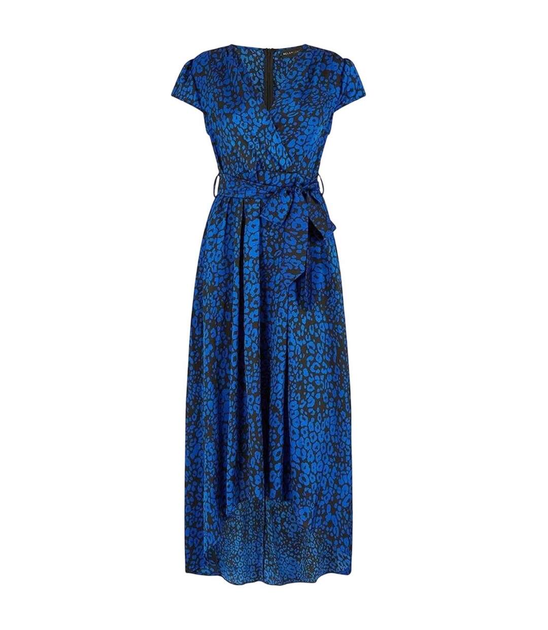 Womens/ladies Leopard Print Capped Sleeved Wrap Dress Blue Yumi-2