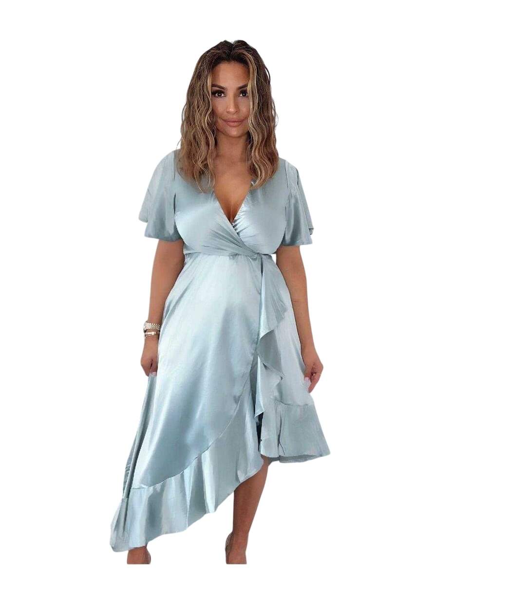 Womens/ladies Satin Short-sleeved Midi Dress Duck Egg AX Paris-4