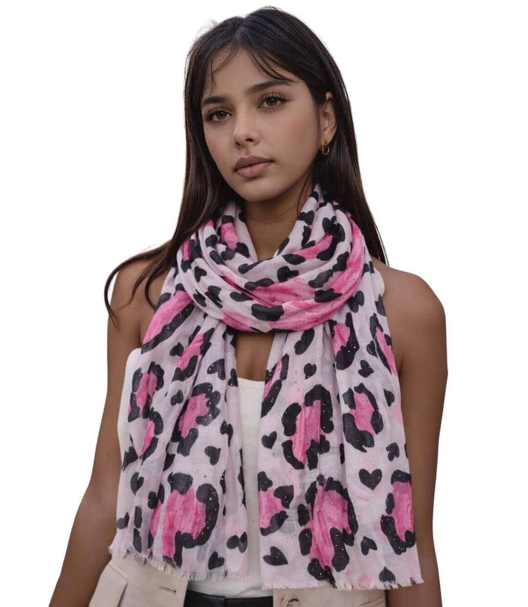 Foulard léger coeur léopard avec dorure pour femme - Couleur rose-1