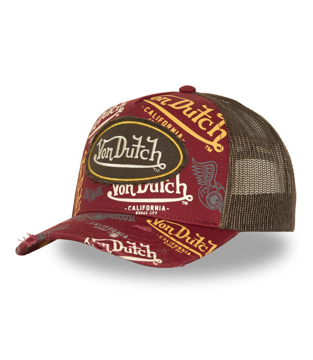 Casquette trucker imprimée avec filet et effet usé avec écusson Cafe Vondutch-1