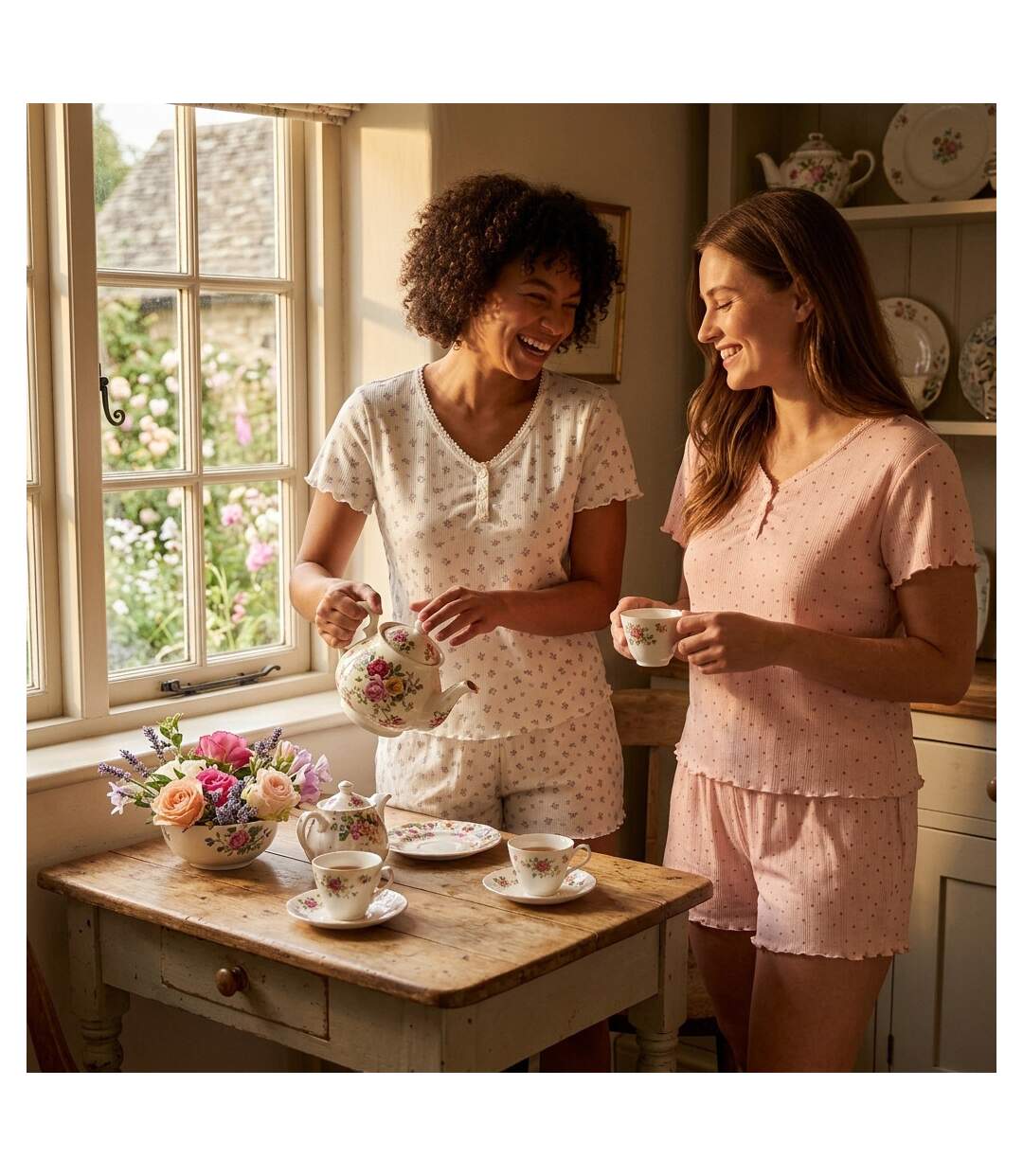 OZABI Pack 2 Pyjamas Femme, Col V Boutonné, Short Froufrou, Fleuri et Coeurs-4
