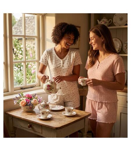 OZABI Pack 2 Pyjamas Femme, Col V Boutonné, Short Froufrou, Fleuri et Coeurs