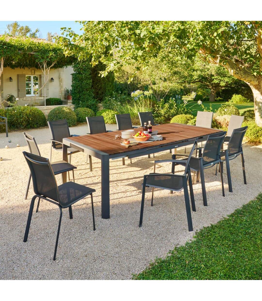 Table de jardin extensible en aluminium et acacia 12 places PARADIZE - Noyer et graphite-2