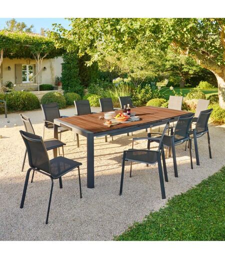 Table de jardin extensible en aluminium et acacia 12 places PARADIZE - Noyer et graphite
