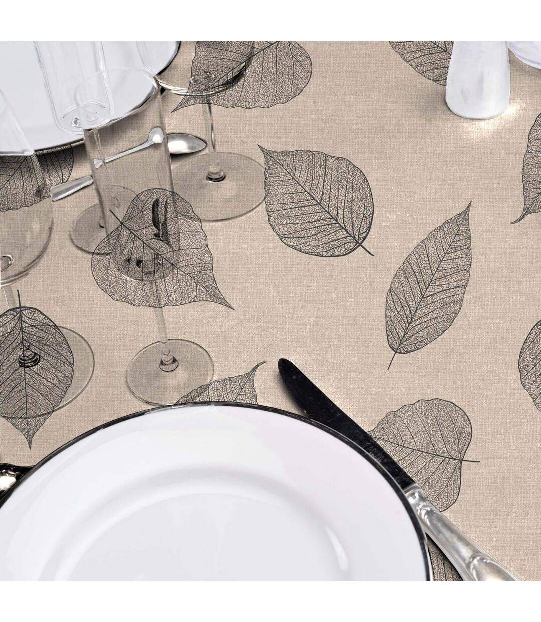 Nappe Toile Cirée Ronde Feuillys 160cm Beige Lin-3