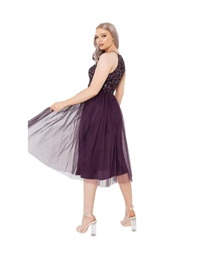 Womens/ladies Sequin Midi Dress Berry Maya Deluxe